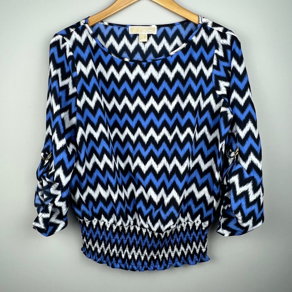 MICHAEL KORS Women Zigzag Print Smocked Waist Long Sleeve Top Size‎ S